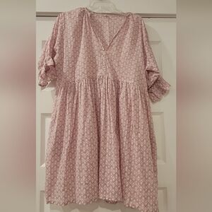 Pink Patterned V-Neck Babydoll Dress